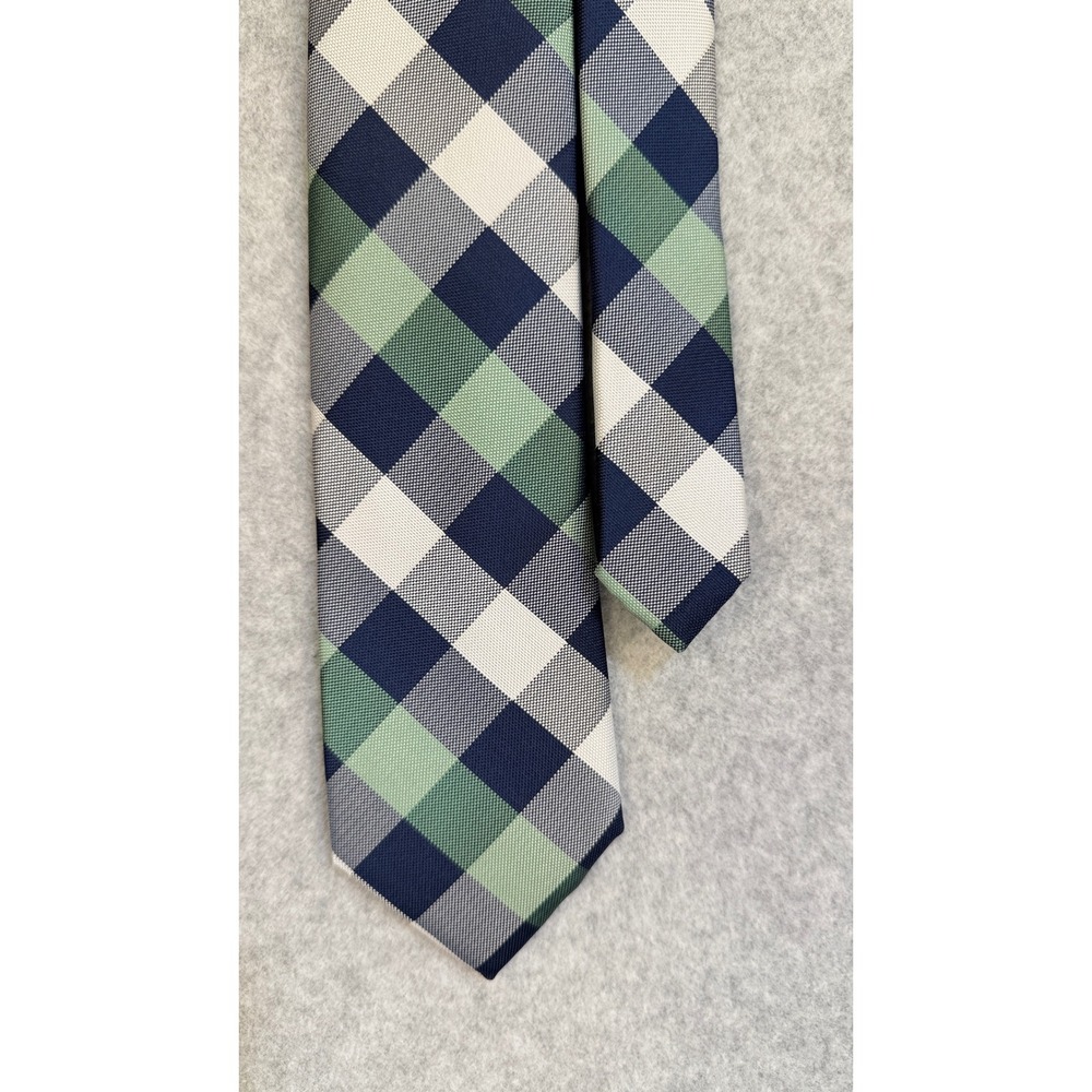 Nautica Mens Gingham Plaid Necktie Navy Blue Green White Check Pattern Tie